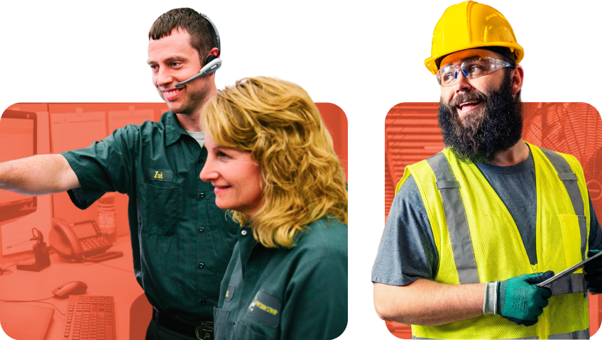 Two workers collaborating beside a worker in safety gear