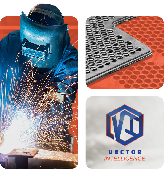 Welding work, fabricated metal component, and Vector Intelligence logo