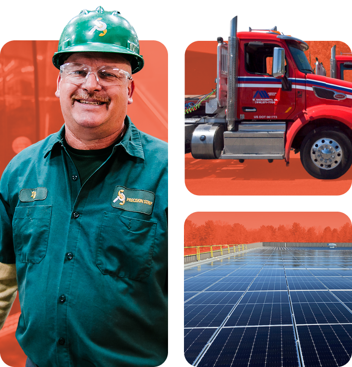 Worker portrait beside a red truck and solar panels